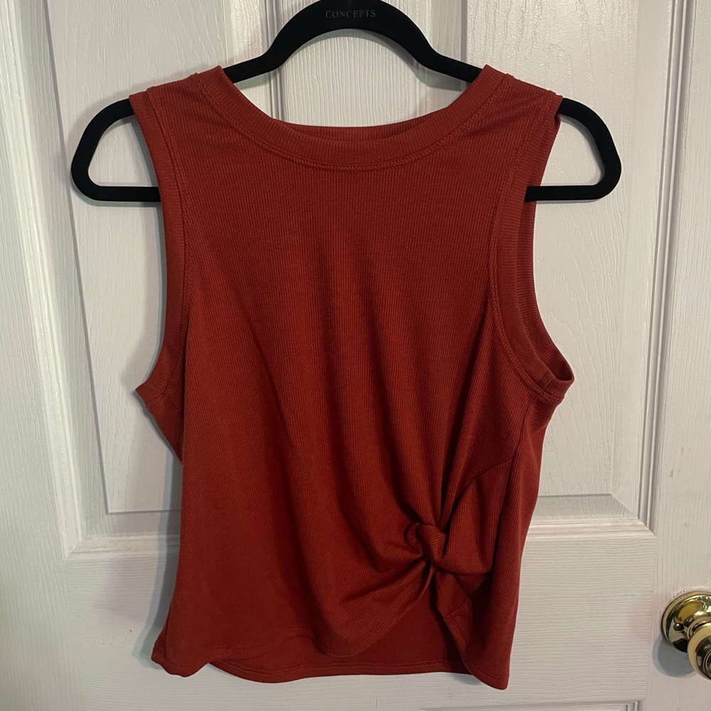 Dark Orange Rust Colored EV&C Evolution and Creation Side Knot Workout Yoga Tank - Picture 3 of 6